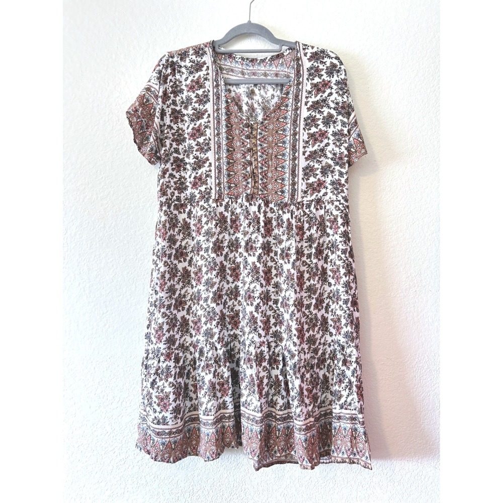Boho Babydoll Handmade Indonesia Floral Rayon Dress‎ Tiered V-Neck Pink Brown
